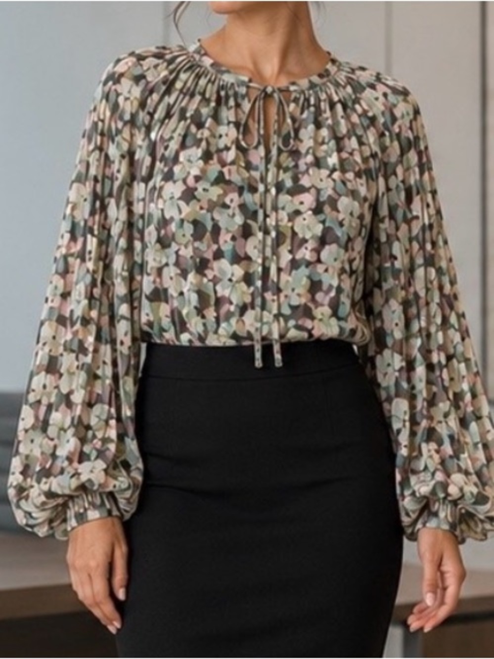 Ramy Brook chiffon blouse Long, Pleated sleeves, tie front Size M